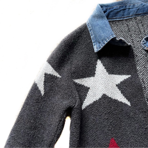WOOL STAR PRINT CARDIGAN DENIM TRIM OPEN FRONT COLLARED SWEATER COAT GRAY Siz… - Picture 10 of 13